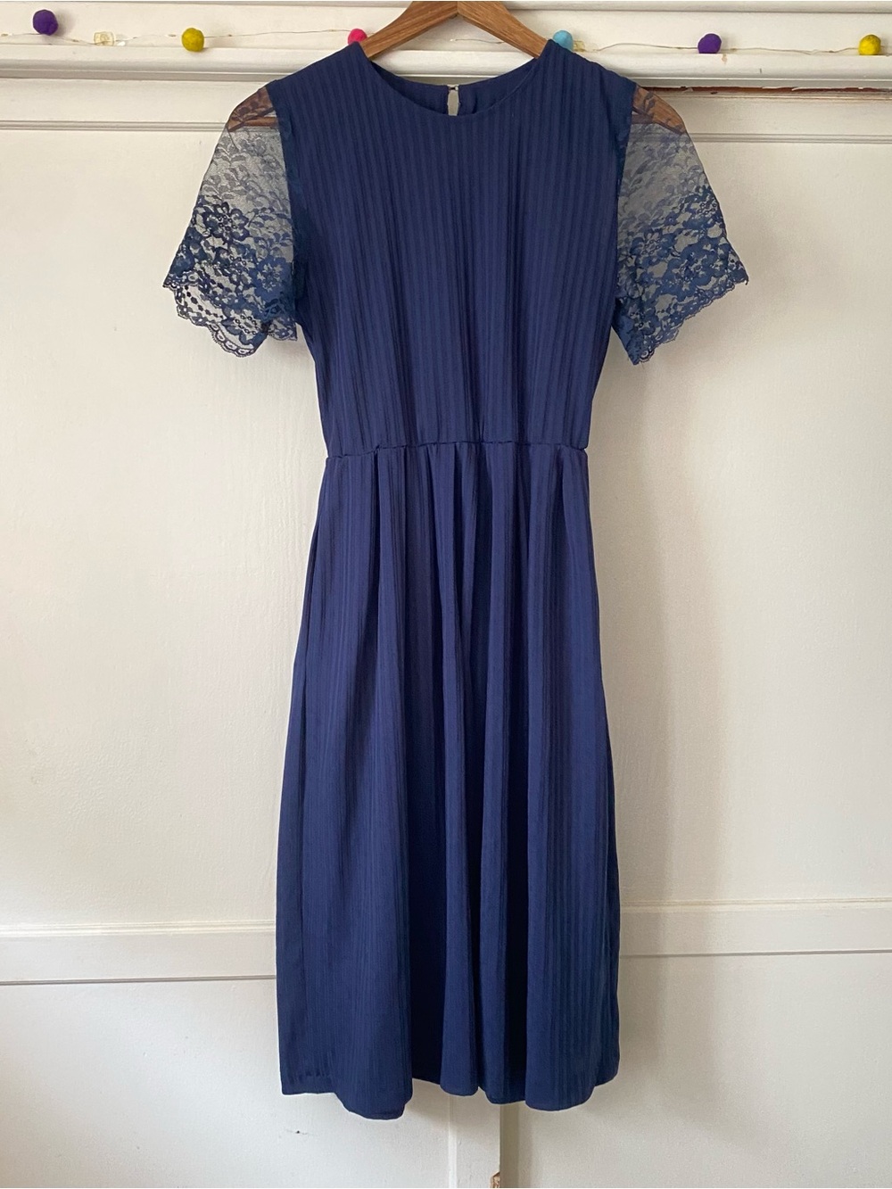 Navy Lace-Sleeve Midi Dress